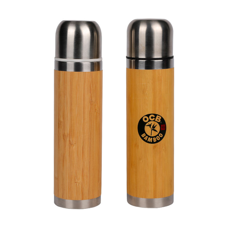 Stainless Steel Bamboo Shell Portable Strap Bullet Thermos Cup